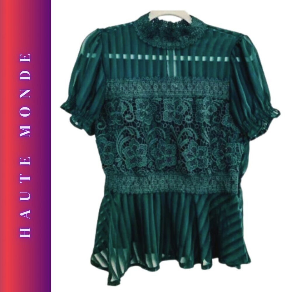 Haute Monde Sheer Green Lace Blouse Victorian High neck Delicate M